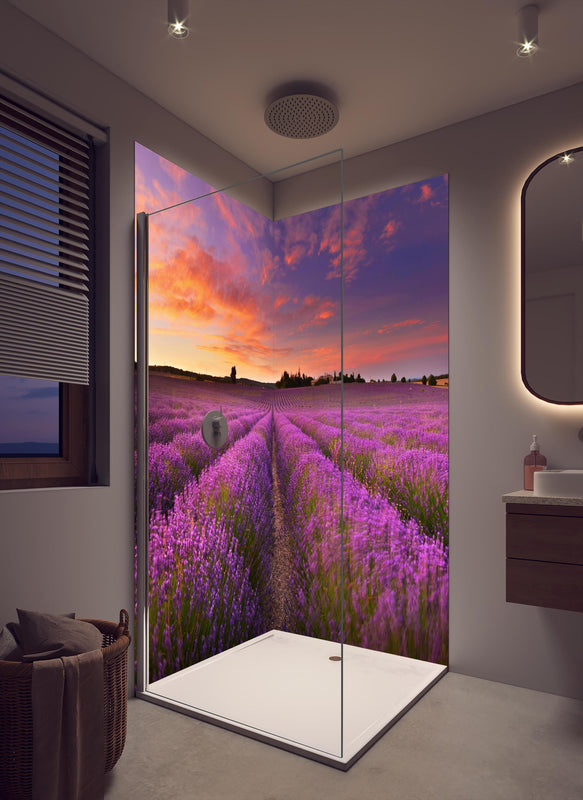 Duschrückwand - Lavendelfeld in der Morgendämmerung in cremefarbenem Badezimmer mit Regenduschkopf