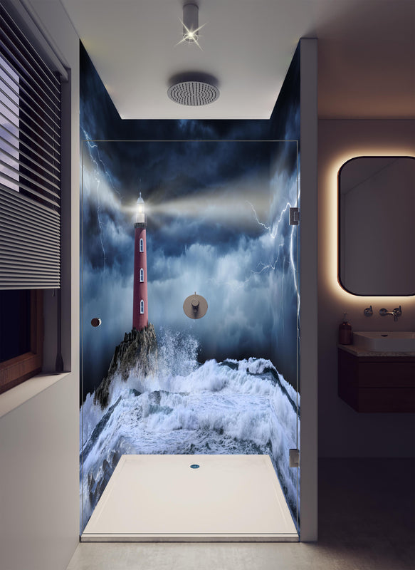 Duschrückwand - Leuchtturm Stürmisch in luxuriöser Dusche mit Regenduschkopf