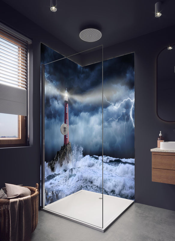 Duschrückwand - Leuchtturm Stürmisch in dunklem Badezimmer mit Regenduschkopf