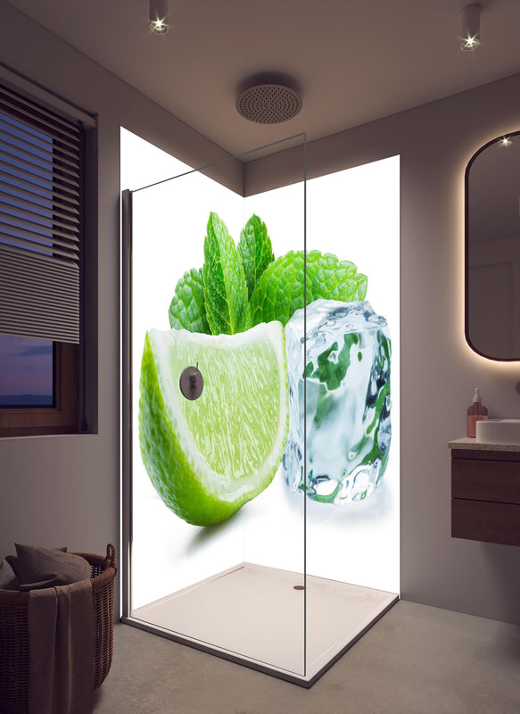 Duschrückwand - Limettenscheibe mit Eis und Minze in cremefarbenem Badezimmer mit Regenduschkopf