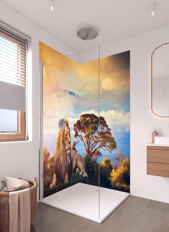 Duschrückwand - Löwe bei Sonnenuntergang in hellem Badezimmer mit Regenduschkopf  - zweiteilige Eck-Duschrückwand