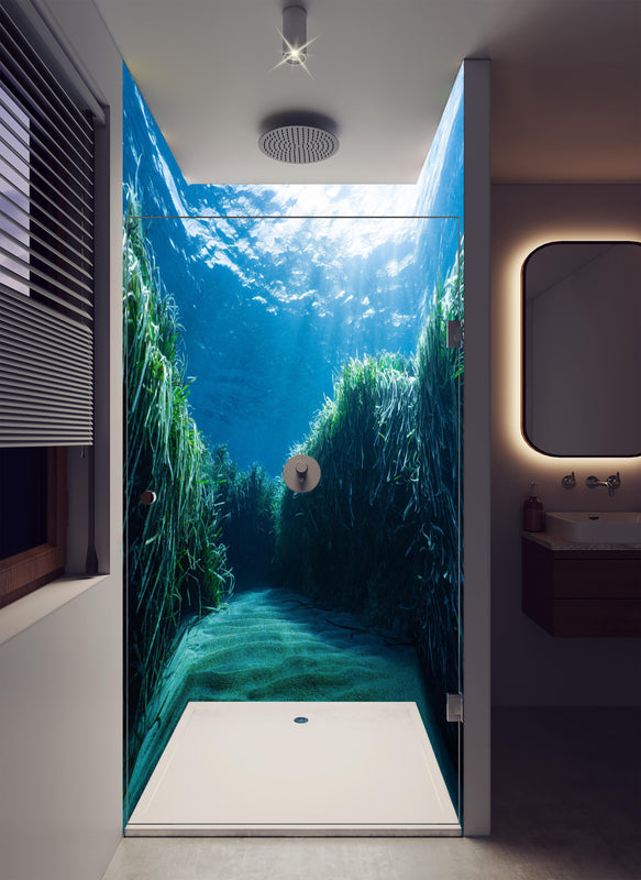 Duschrückwand - Mesmerizing Unterwasser in luxuriöser Dusche mit Regenduschkopf