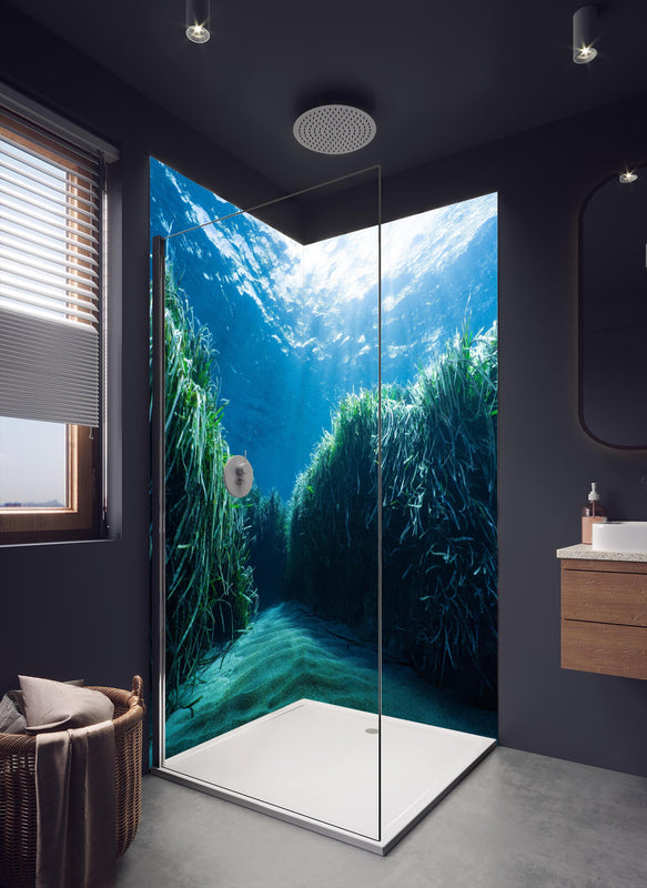 Duschrückwand - Mesmerizing Unterwasser in dunklem Badezimmer mit Regenduschkopf
