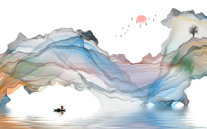 Duschrückwand - Modernes Gemälde mit Wasserfarben Boot Vögel See