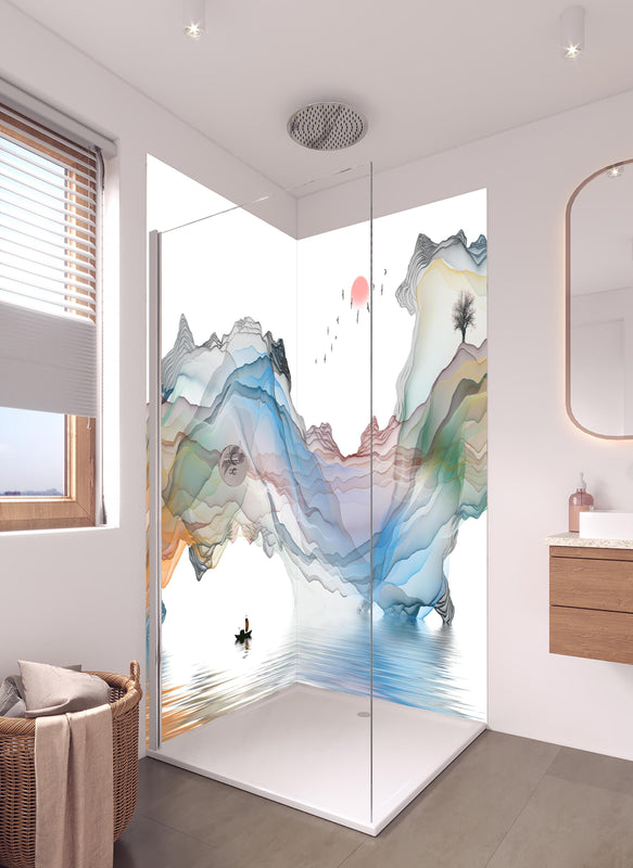 Duschrückwand - Modernes Wasserfarben Gemälde Boot Vögel See in hellem Badezimmer mit Regenduschkopf  - zweiteilige Eck-Duschrückwand