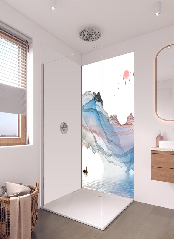 Duschrückwand - Modernes Wasserfarben Gemälde Boot Vögel See in hellem Badezimmer mit Regenduschkopf - einteilige Duschrückwand