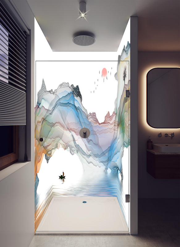Duschrückwand - Modernes Wasserfarben Gemälde Boot Vögel See in luxuriöser Dusche mit Regenduschkopf