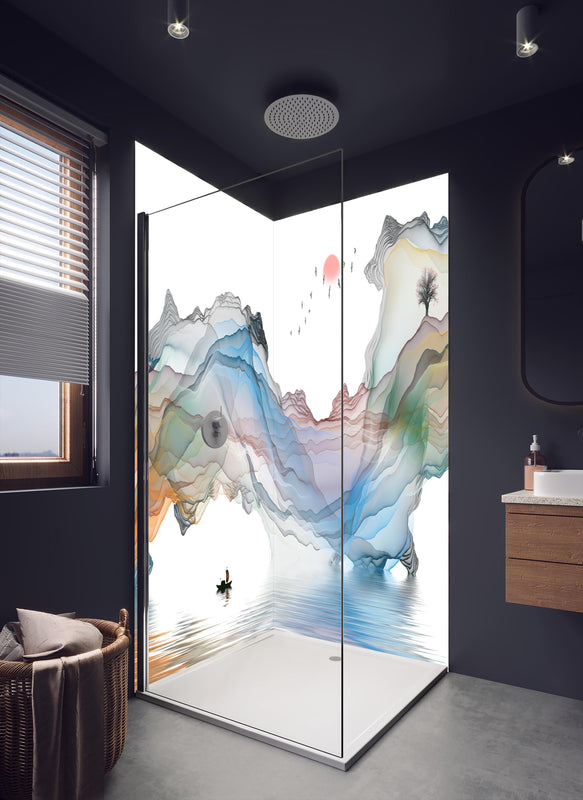 Duschrückwand - Modernes Wasserfarben Gemälde Boot Vögel See in dunklem Badezimmer mit Regenduschkopf