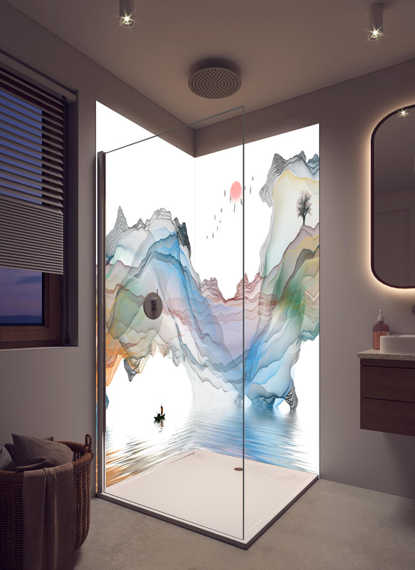 Duschrückwand - Modernes Wasserfarben Gemälde Boot Vögel See in cremefarbenem Badezimmer mit Regenduschkopf