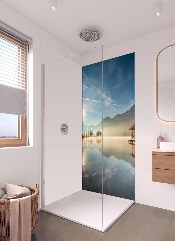 Duschrückwand - Morgensonnenblick über Bayerischen Kochelsee in hellem Badezimmer mit Regenduschkopf - einteilige Duschrückwand