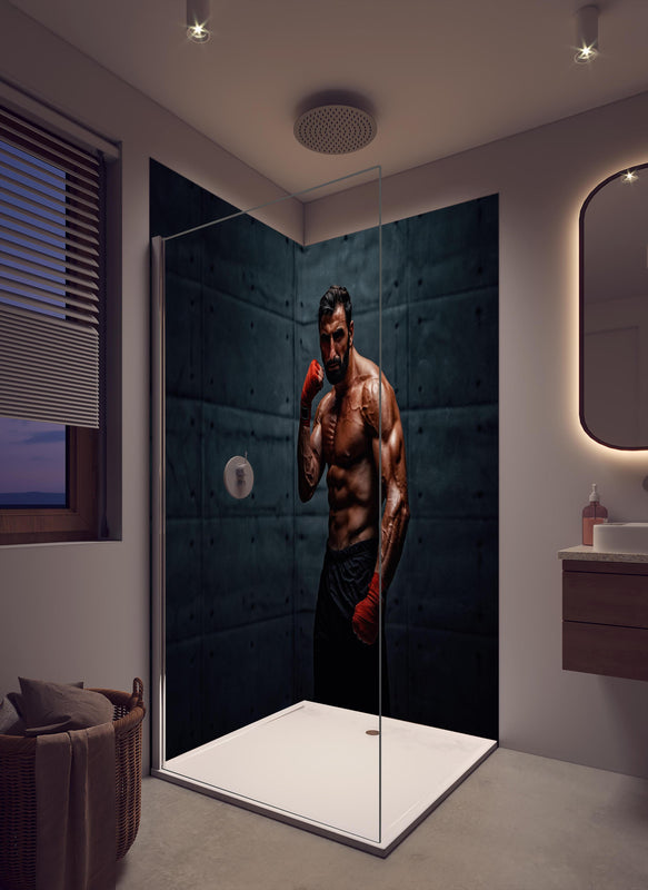 Duschrückwand - Muskolöser MMA Kämpfer in cremefarbenem Badezimmer mit Regenduschkopf