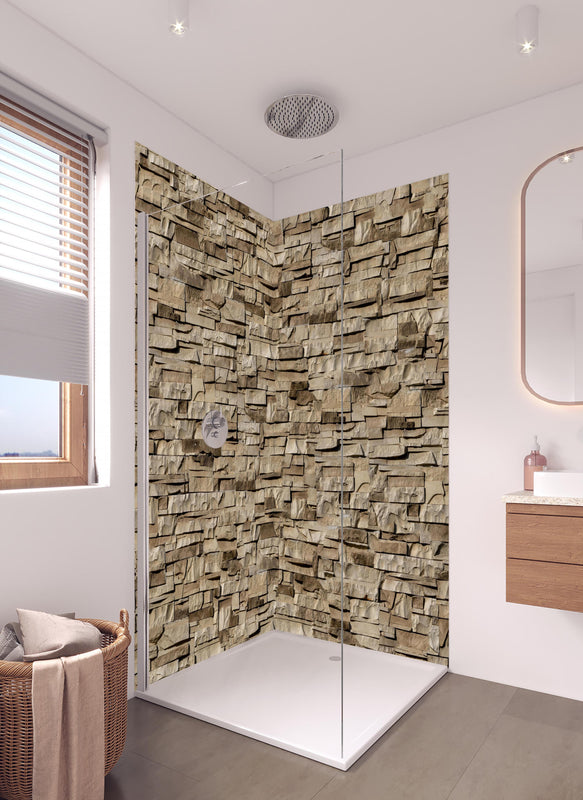 Duschrückwand - Nahtlose Textur von Klinkerfliesen - Dunkel in hellem Badezimmer mit Regenduschkopf  - zweiteilige Eck-Duschrückwand