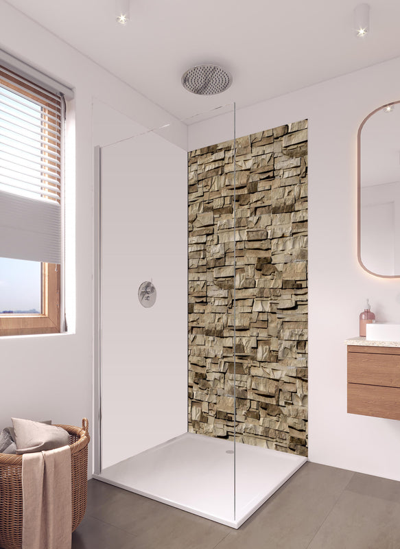 Duschrückwand - Nahtlose Textur von Klinkerfliesen - Dunkel in hellem Badezimmer mit Regenduschkopf - einteilige Duschrückwand