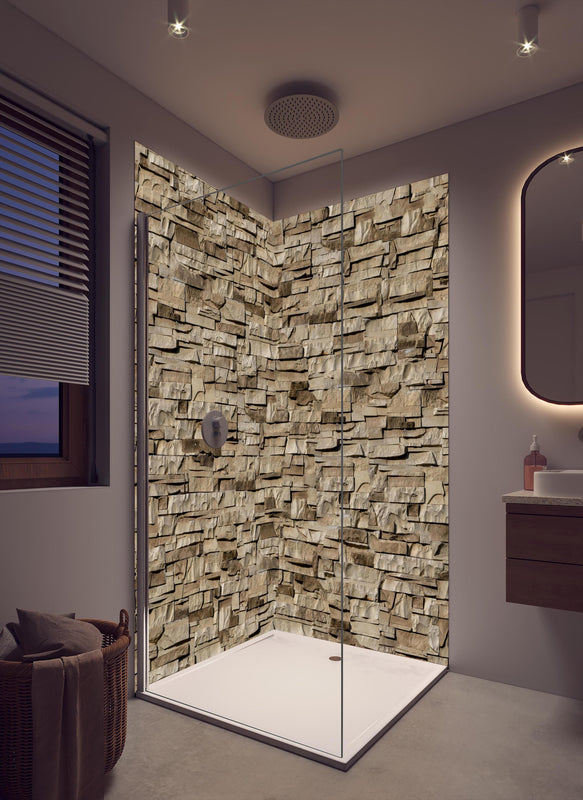 Duschrückwand - Nahtlose Textur von Klinkerfliesen - Dunkel in cremefarbenem Badezimmer mit Regenduschkopf