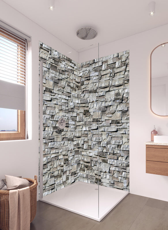 Duschrückwand - Nahtlose Textur von Klinkerfliesen in hellem Badezimmer mit Regenduschkopf  - zweiteilige Eck-Duschrückwand