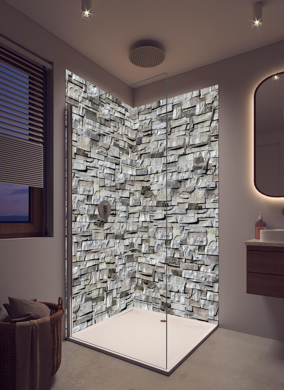 Duschrückwand - Nahtlose Textur von Klinkerfliesen in cremefarbenem Badezimmer mit Regenduschkopf