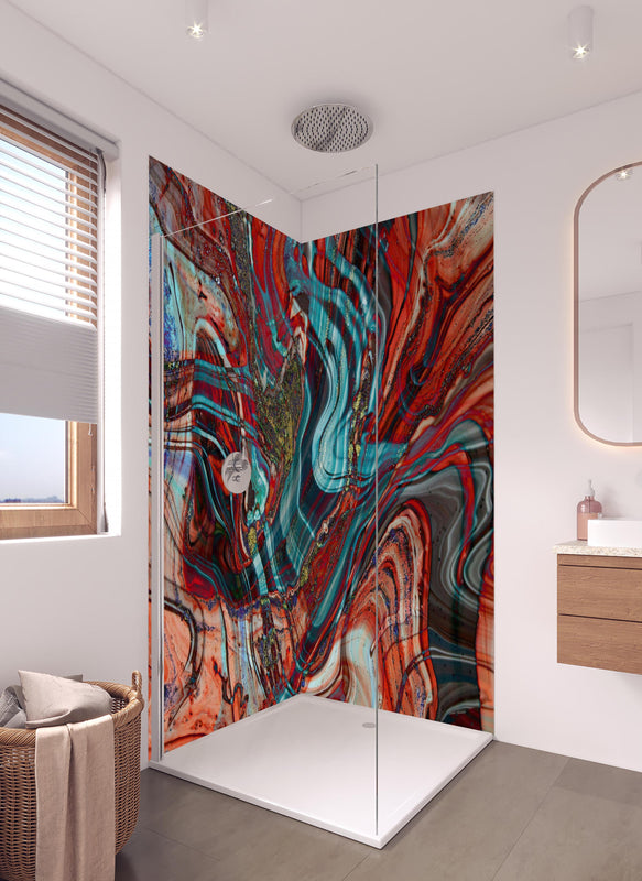 Duschrückwand - Natürlicher Luxus Marmor in hellem Badezimmer mit Regenduschkopf  - zweiteilige Eck-Duschrückwand
