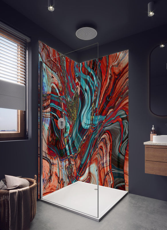Duschrückwand - Natürlicher Luxus Marmor in dunklem Badezimmer mit Regenduschkopf