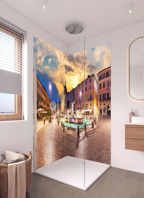 Duschrückwand - Neptunbrunnen auf der Piazza Navona in hellem Badezimmer mit Regenduschkopf  - zweiteilige Eck-Duschrückwand