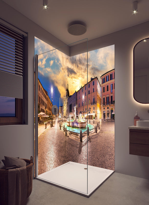 Duschrückwand - Neptunbrunnen auf der Piazza Navona in cremefarbenem Badezimmer mit Regenduschkopf
