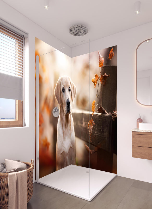 Duschrückwand - Niedlicher Labrador Welpe in hellem Badezimmer mit Regenduschkopf  - zweiteilige Eck-Duschrückwand