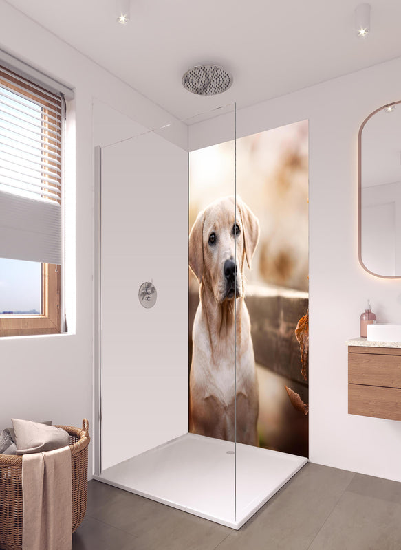 Duschrückwand - Niedlicher Labrador Welpe in hellem Badezimmer mit Regenduschkopf - einteilige Duschrückwand