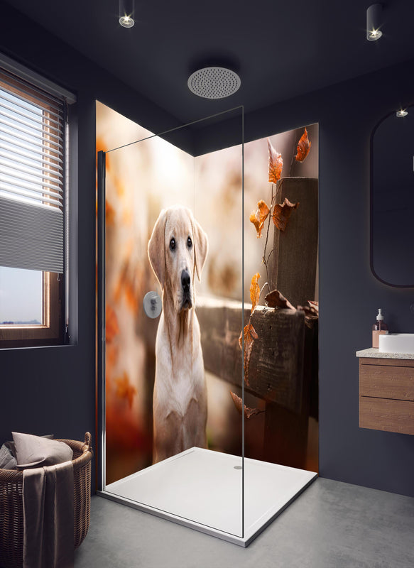 Duschrückwand - Niedlicher Labrador Welpe in dunklem Badezimmer mit Regenduschkopf