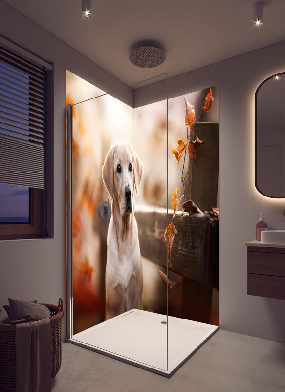 Duschrückwand - Niedlicher Labrador Welpe in cremefarbenem Badezimmer mit Regenduschkopf