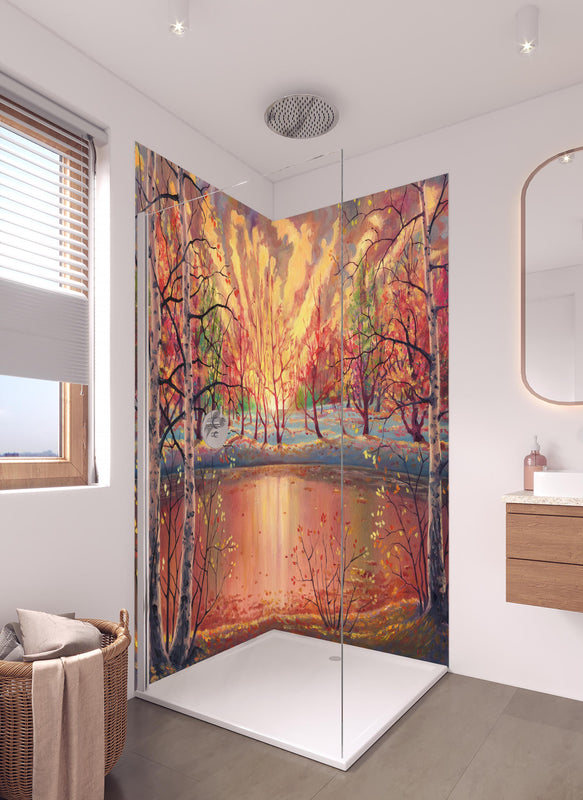 Duschrückwand - Ölgemälde Sonnenuntergang Herbstlandschaft in hellem Badezimmer mit Regenduschkopf  - zweiteilige Eck-Duschrückwand