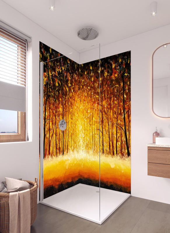 Duschrückwand - Ölgemälde eines Waldes im Herbst in hellem Badezimmer mit Regenduschkopf  - zweiteilige Eck-Duschrückwand