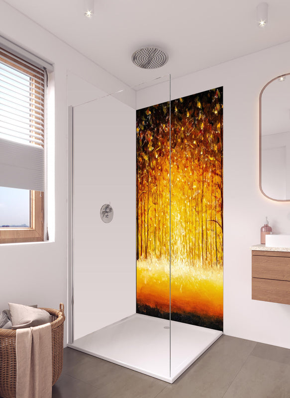 Duschrückwand - Ölgemälde eines Waldes im Herbst in hellem Badezimmer mit Regenduschkopf - einteilige Duschrückwand