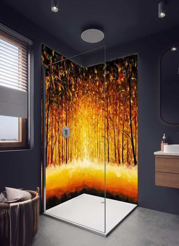 Duschrückwand - Ölgemälde eines Waldes im Herbst in dunklem Badezimmer mit Regenduschkopf