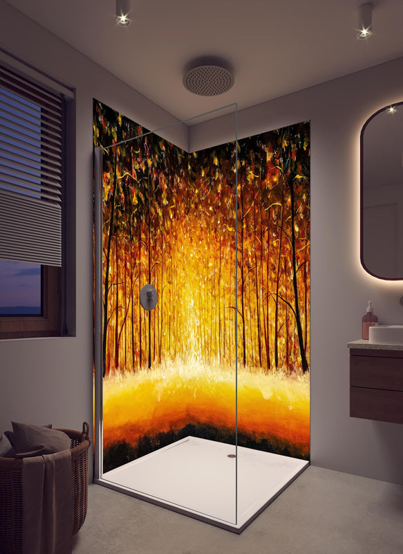 Duschrückwand - Ölgemälde eines Waldes im Herbst in cremefarbenem Badezimmer mit Regenduschkopf