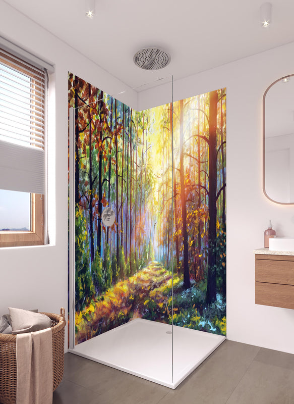 Duschrückwand - Ölgemälde lichterfüllter Wald im Herbst in hellem Badezimmer mit Regenduschkopf  - zweiteilige Eck-Duschrückwand