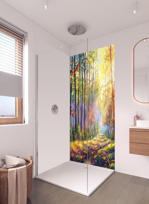Duschrückwand - Ölgemälde lichterfüllter Wald im Herbst in hellem Badezimmer mit Regenduschkopf - einteilige Duschrückwand