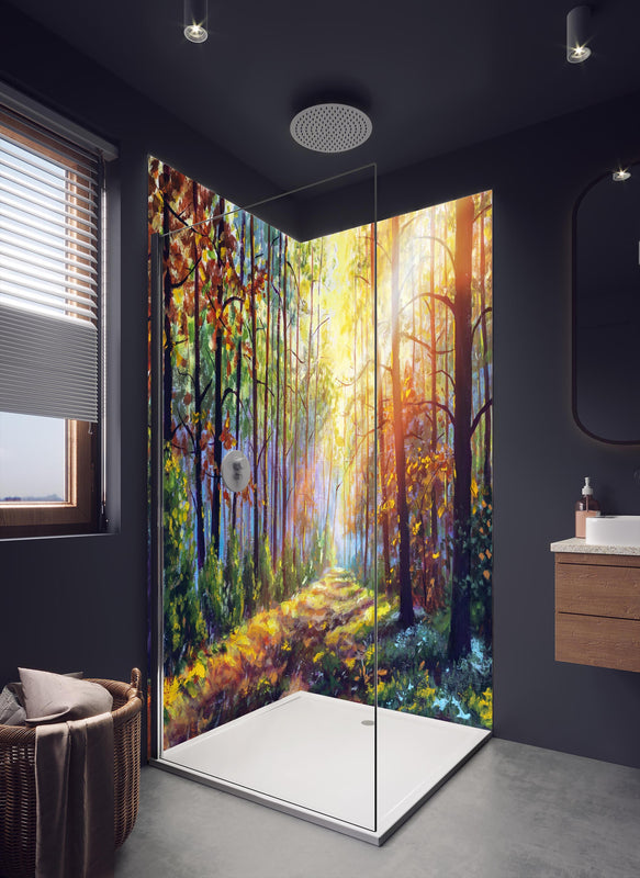 Duschrückwand - Ölgemälde lichterfüllter Wald im Herbst in dunklem Badezimmer mit Regenduschkopf