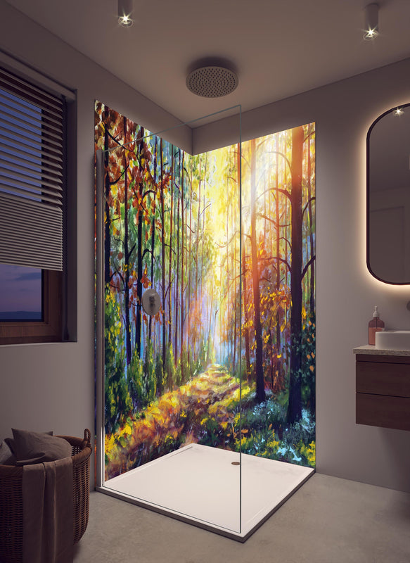 Duschrückwand - Ölgemälde lichterfüllter Wald im Herbst in cremefarbenem Badezimmer mit Regenduschkopf