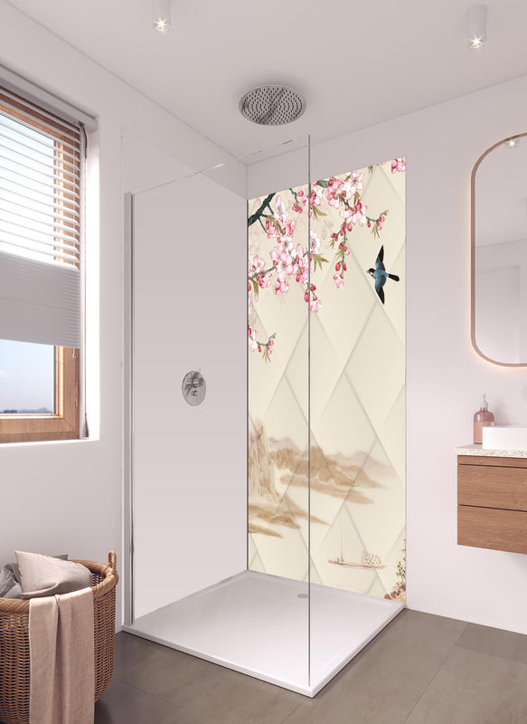 Duschrückwand - Orientalisches Motiv - Frühling in hellem Badezimmer mit Regenduschkopf - einteilige Duschrückwand
