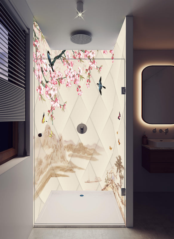 Duschrückwand - Orientalisches Motiv - Frühling in luxuriöser Dusche mit Regenduschkopf
