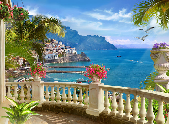 Duschrückwand - Paradiesischer Ausblick vom Balkon in Sizilien