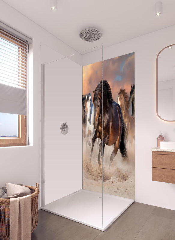 Duschrückwand - Pferdeherde galoppierend im Wüstenstaub in hellem Badezimmer mit Regenduschkopf - einteilige Duschrückwand