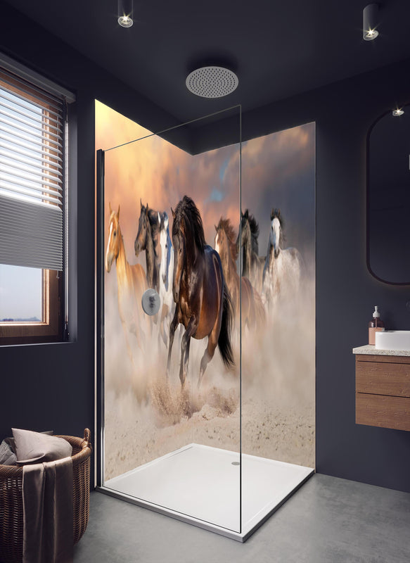 Duschrückwand - Pferdeherde galoppierend im Wüstenstaub in dunklem Badezimmer mit Regenduschkopf