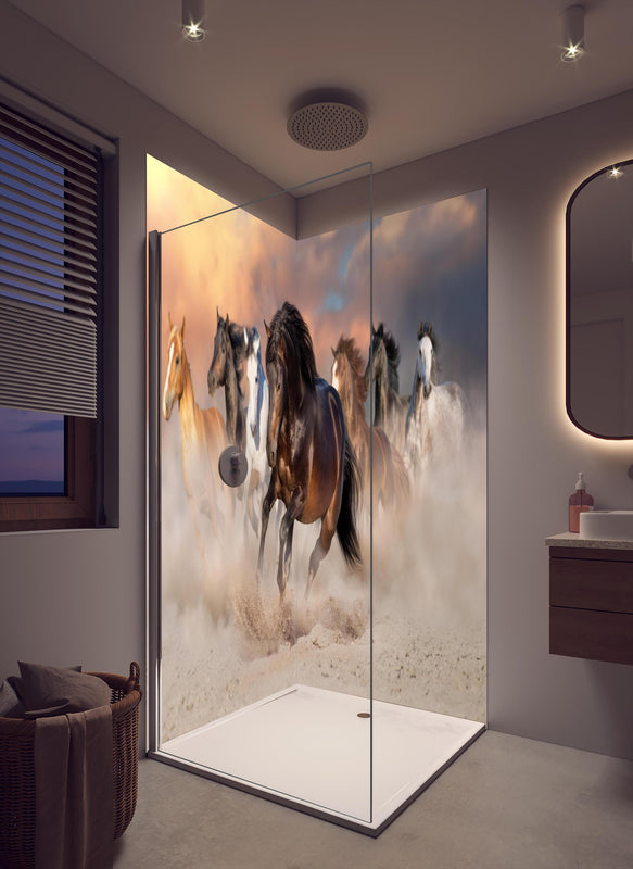 Duschrückwand - Pferdeherde galoppierend im Wüstenstaub in cremefarbenem Badezimmer mit Regenduschkopf