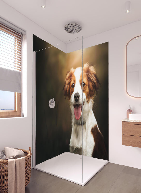 Duschrückwand - Porträt eines niedlichen Kooiker-Hundes in hellem Badezimmer mit Regenduschkopf  - zweiteilige Eck-Duschrückwand