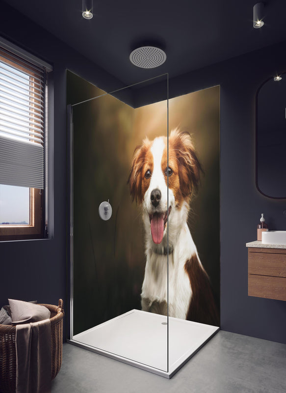 Duschrückwand - Porträt eines niedlichen Kooiker-Hundes in dunklem Badezimmer mit Regenduschkopf