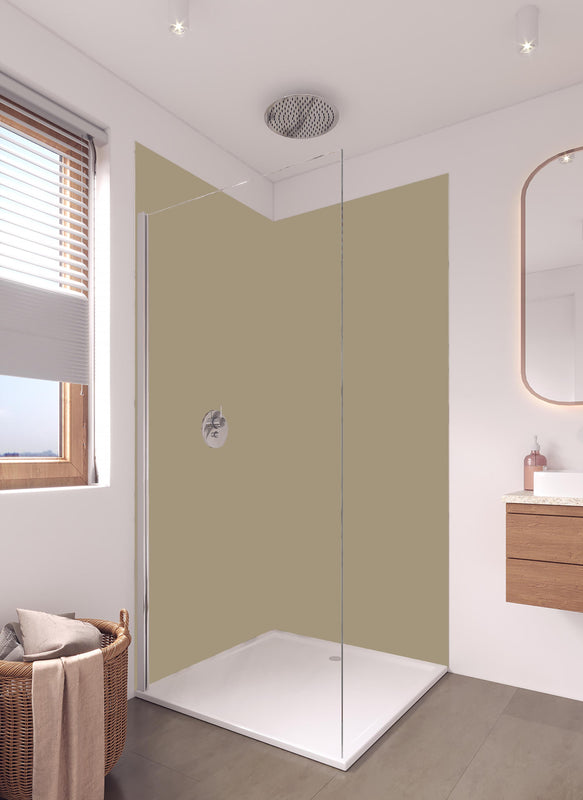 Duschrückwand - RAL 1019 (Graubeige) in hellem Badezimmer mit Regenduschkopf  - zweiteilige Eck-Duschrückwand