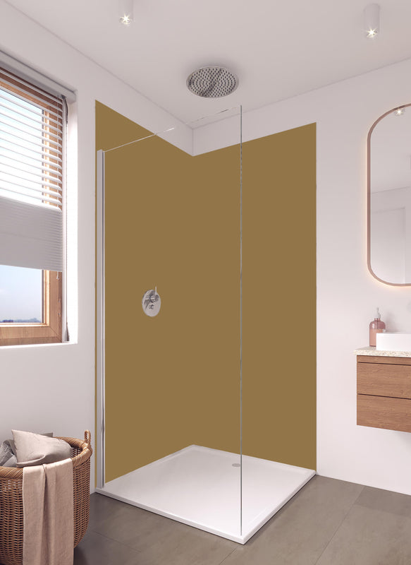 Duschrückwand - RAL 1036 (Perlgold) in hellem Badezimmer mit Regenduschkopf  - zweiteilige Eck-Duschrückwand