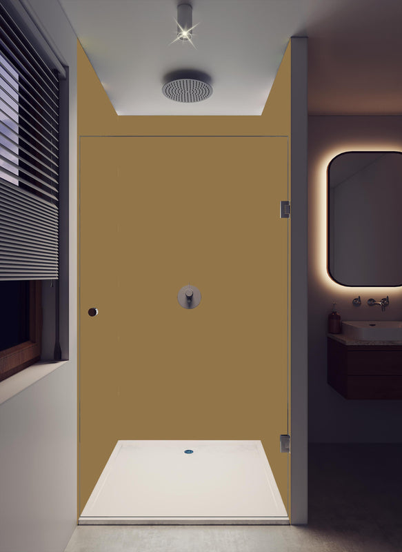 Duschrückwand - RAL 1036 (Perlgold) in dunklem Badezimmer mit Regenduschkopf