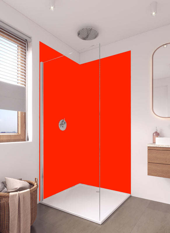 Duschrückwand - RAL 2005 (Leuchtendes Orange) in hellem Badezimmer mit Regenduschkopf  - zweiteilige Eck-Duschrückwand