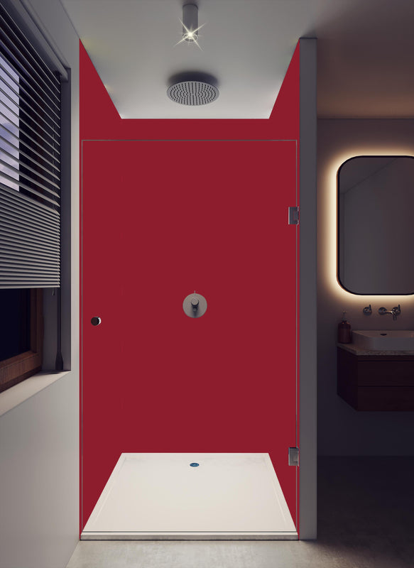 Duschrückwand - RAL 3003 (Rubinrot) in dunklem Badezimmer mit Regenduschkopf